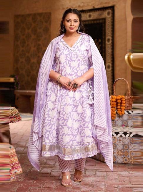 prettyplus by desinoor.com purple cotton printed kurta pant set with dupatta