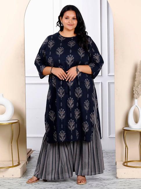 miravan blue floral print plus size kurta sharara set