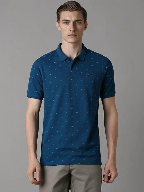 louis philippe blue cotton slim fit printed polo t-shirt