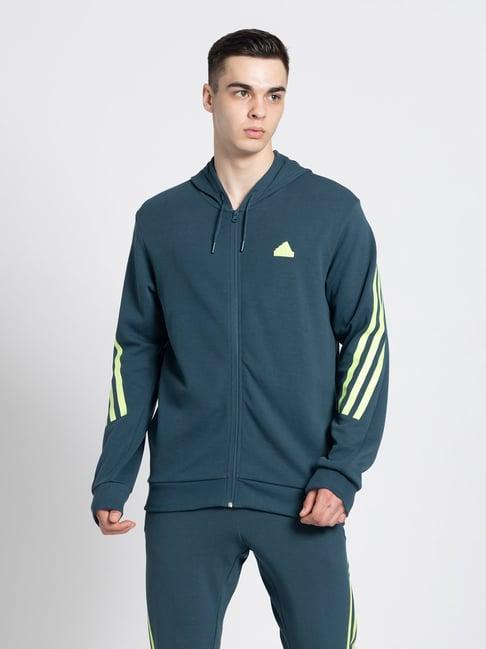 adidas teal blue regular fit striped hooded sweatshirt