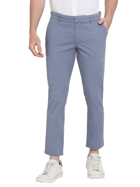 basics light blue cotton tapered fit trousers