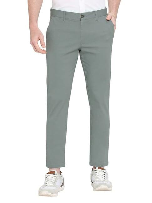 basics mid green cotton tapered fit trousers