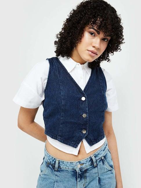 ginger by lifestyle denim blue cotton crop jacket