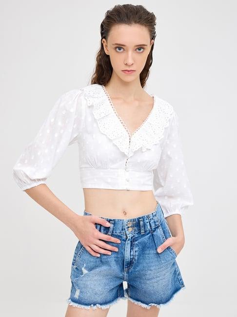 cover story white cotton self design crop top