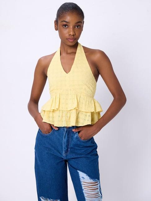 cover story yellow cotton self design schiffli crop top