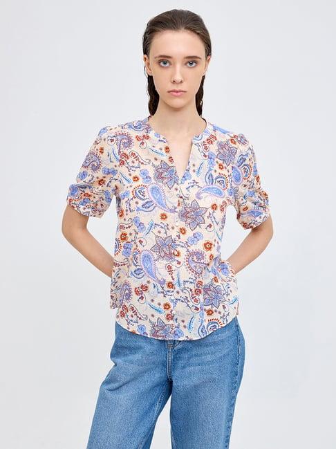 cover story off white & blue cotton floral print top