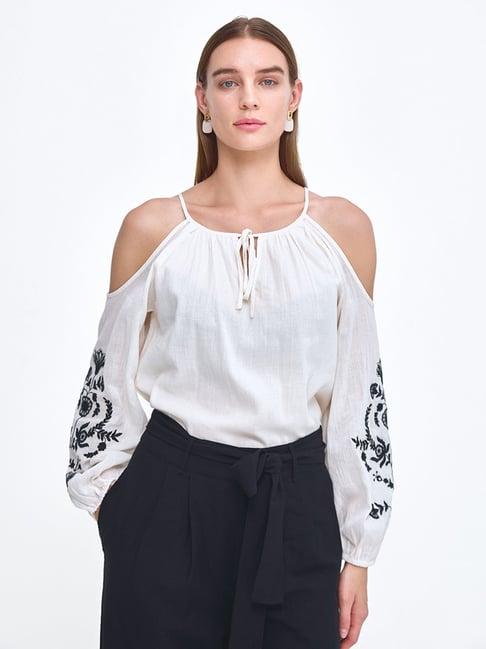 cover story off white & black cotton embroidered top