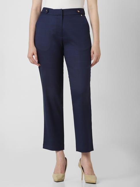 van heusen navy blended regular fit mid rise trousers