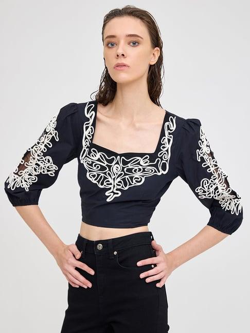 cover story black & white cotton embroidered crop top