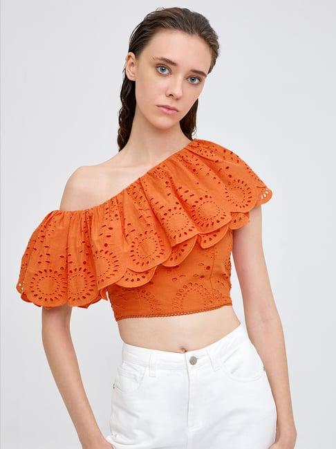 cover story orange cotton self design crop top