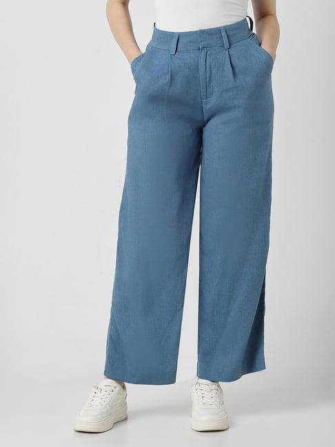 van heusen blue blended regular fit mid rise trousers