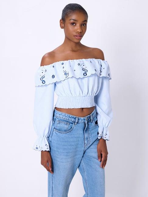 cover story light blue cotton embroidered crop top