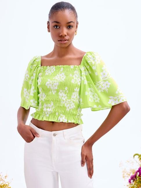 cover story lime green & white floral print crop top