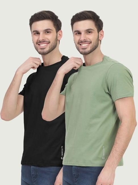 freecultr carbon black & moss green cotton regular fit t-shirt - pack of 2