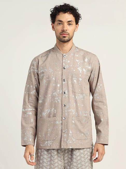 lela beige slim fit printed jacket