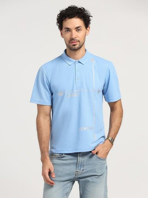 lela sky blue regular fit printed polo t-shirt