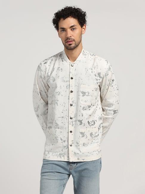 lela white slim fit printed jacket