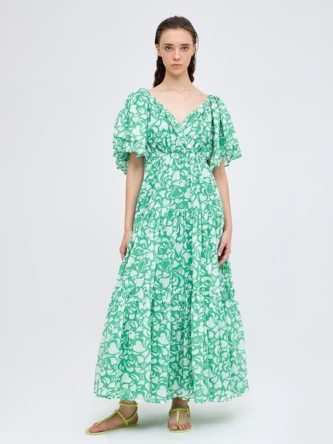 cover story green & white printed maxi dress