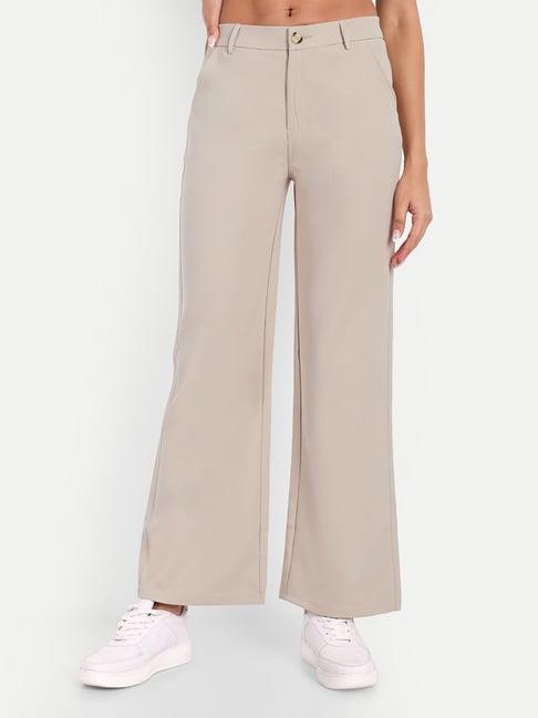 broadstar beige straight fit high rise stretchable trousers