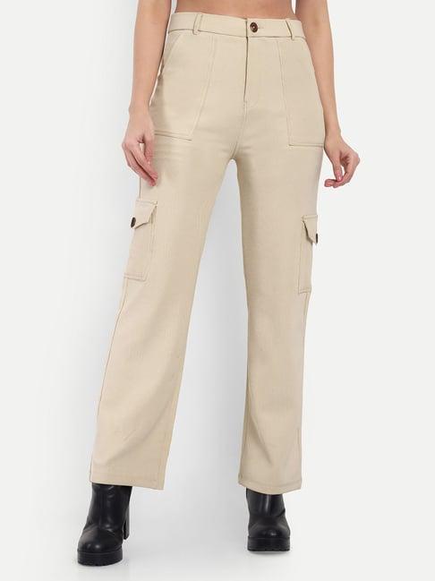 broadstar beige straight fit high rise cargo pants