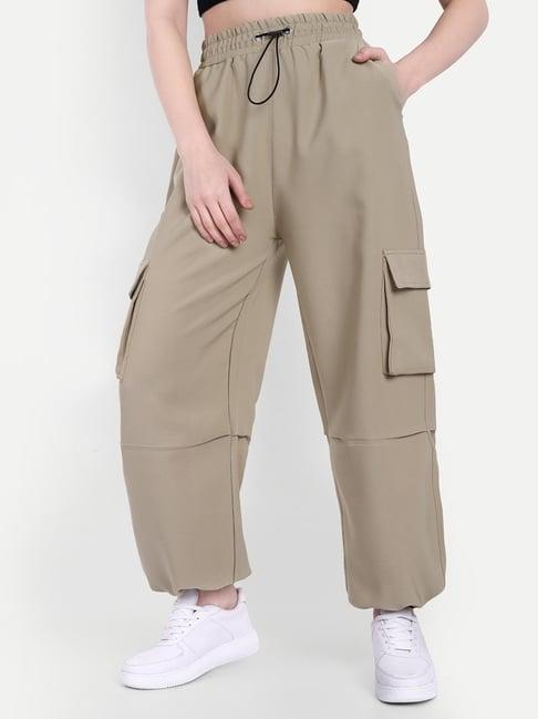 broadstar beige regular fit high rise parachute trousers