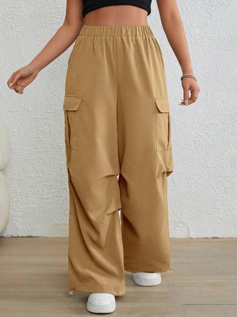 broadstar beige regular fit high rise parachute trousers