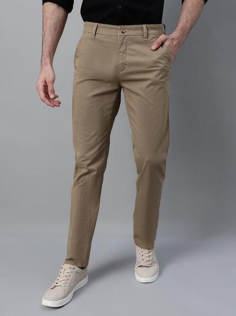 cantabil khaki cotton blend regular fit self trousers