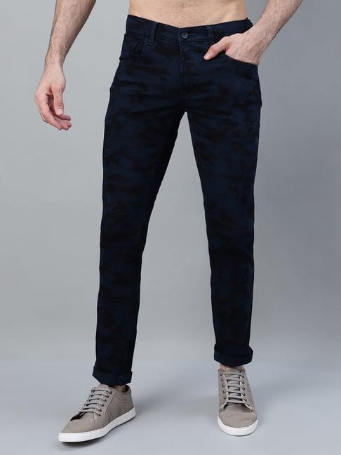 cantabil navy blue cotton blend regular fit print trousers