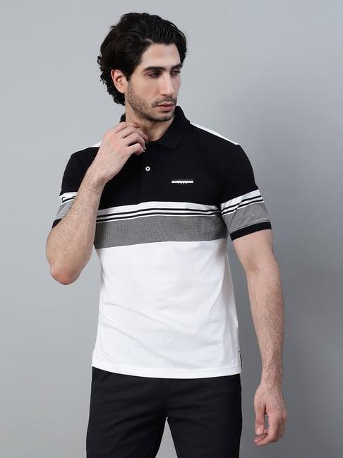 cantabil black poly cotton regular fit stripes polo t-shirt