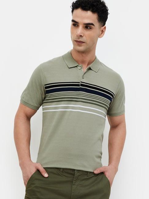 code by lifestyle green regular fit striped polo t-shirt