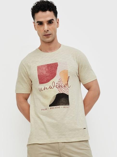 code by lifestyle beige regular fit printed t-shirt