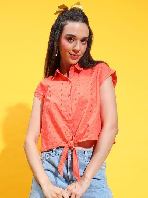 oxolloxo orange cotton self design crop shirt