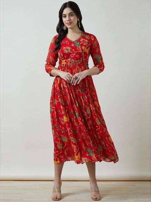 soch red printed a-line dress with belt