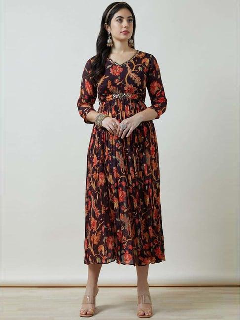 soch purple printed a-line dress with belt