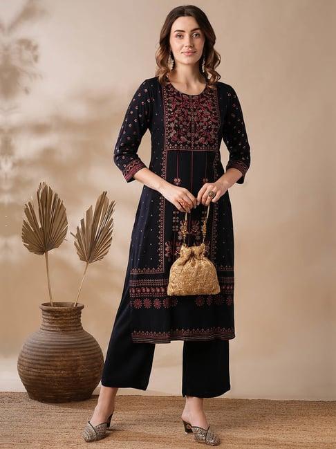 globus black printed kurta pant set