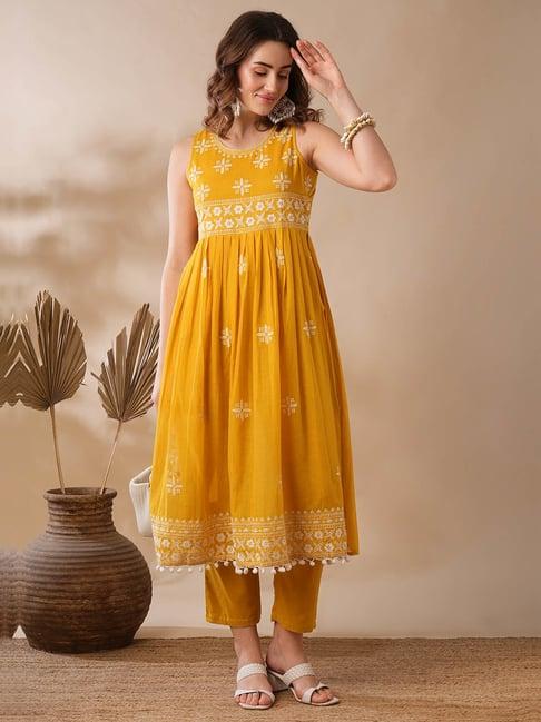 globus mustard embroidered kurta pant set