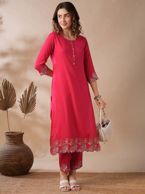 globus pink embroidered kurta pant set