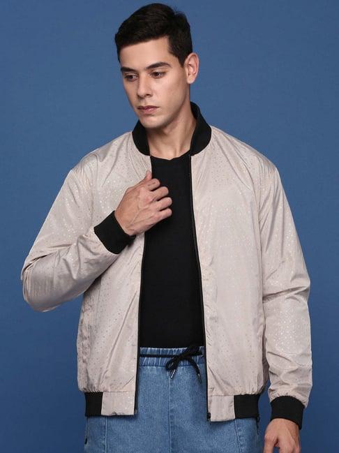 showoff cream nylon slim fit geometric jacket