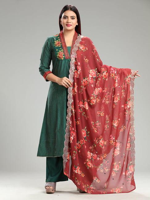 cotton culture green cotton silk embroidered kurta with pant & dupatta