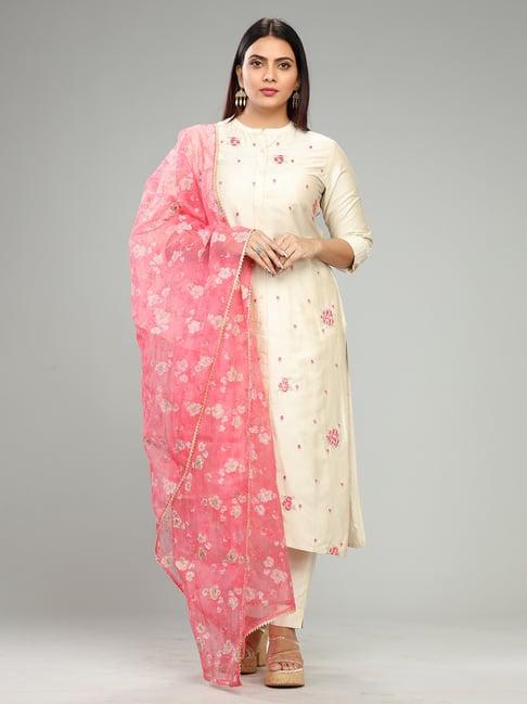 cotton culture cream cotton silk embroidered kurta with pant & dupatta