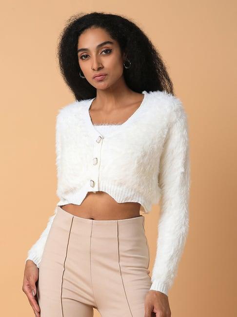 showoff cream regular fit crop cardigan with inner