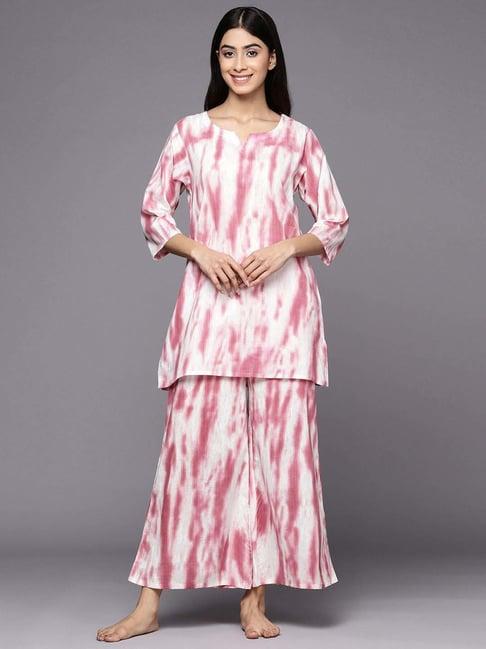 libas pink cotton printed tunic and pyjamas set