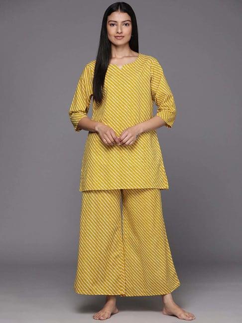 libas mustard cotton printed tunic and pyjamas set