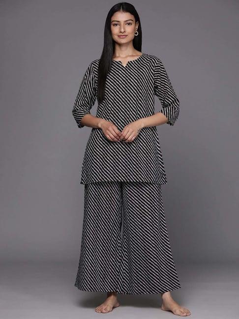 libas black cotton printed tunic and pyjamas set