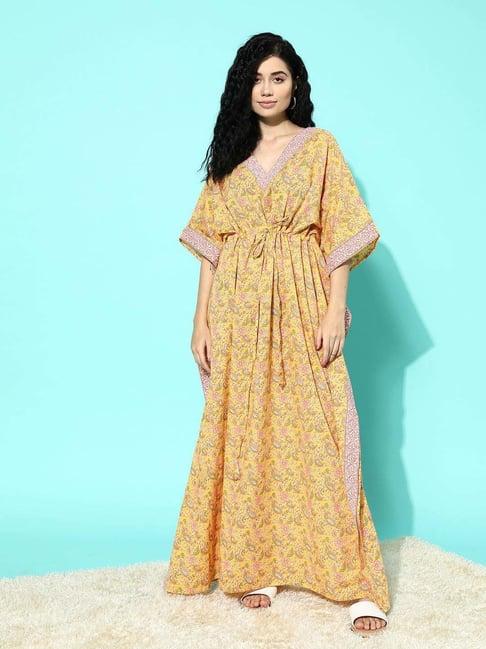 libas yellow cotton printed kaftan