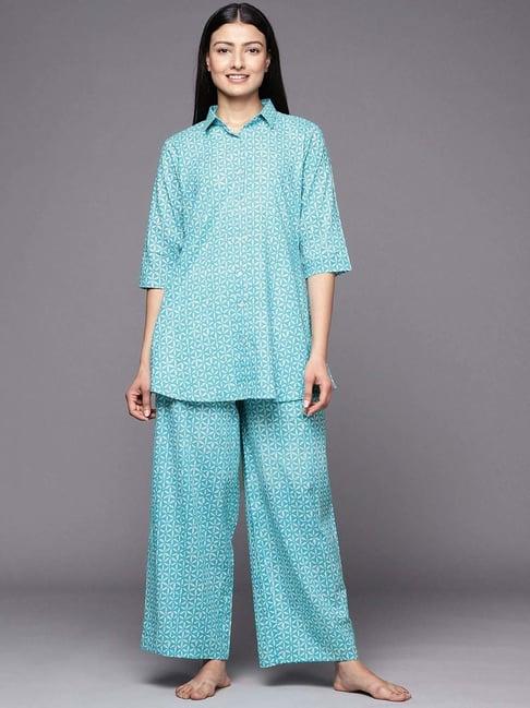 libas turquoise cotton printed tunic and pyjamas set