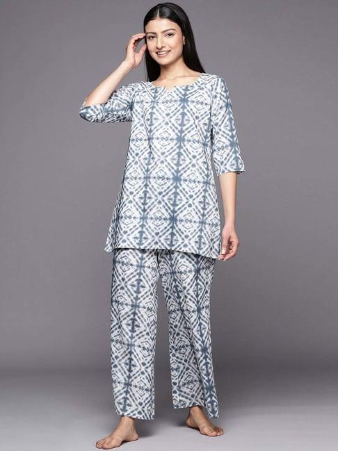 libas grey cotton printed tunic and pyjamas set