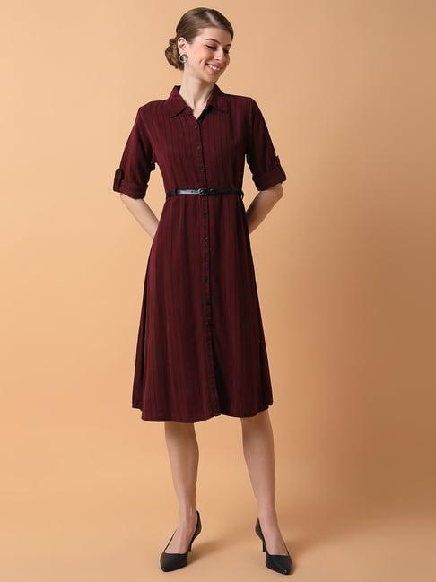 showoff maroon stripes shirt dress with belt