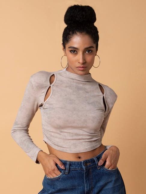 showoff beige regular fit crop top