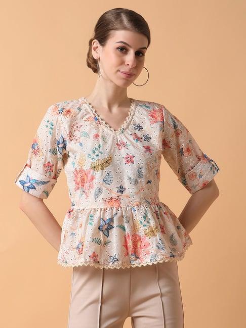 showoff cream floral print schiffli top